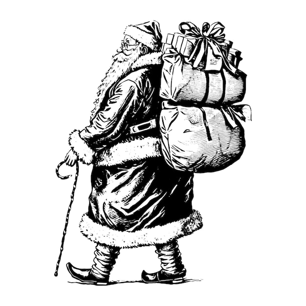 Santa Claus with a bag of gifts hand drawn illustration