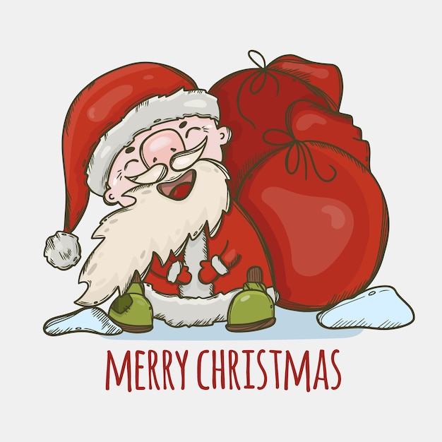 SANTA CLAUS WITH A BAG OF GIFTS LAUGHING Cute New Year Merry Christmas Cartoon Holiday Hand Drawn illustration