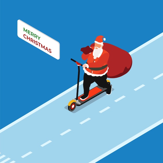 Santa Claus with a bag of gifts rides on electric scooter isometric 3d