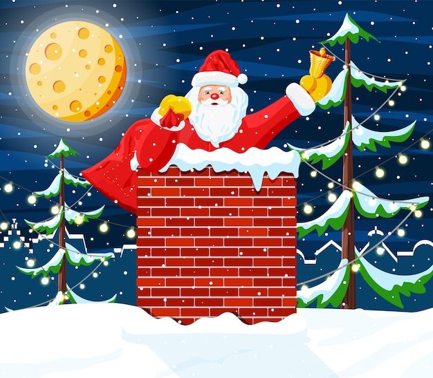 집 지붕에 선물이 든 가방을 들고 있는 산타클로스 산타클로스가 굴뚝에 갇혔습니다. 새해 복 많이 받으세요 장식 메리 크리스마스 이브 휴일 새해 및 크리스마스 축하 평면 스타일의 벡터 그림