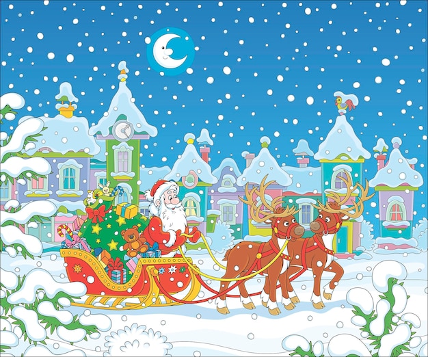 Santa Claus with a big bag of Christmas gifts in his sleigh with magic reindeers in a snowy town