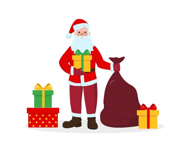 Santa Claus with big gift bag and boxes isolated on white background.