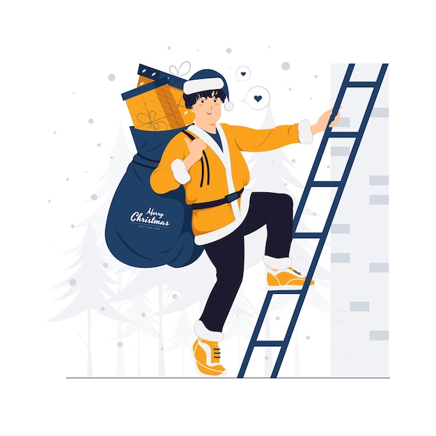 Vector santa claus with christmas gifts on the ladder to thchimney and happy new year concept illustrasions