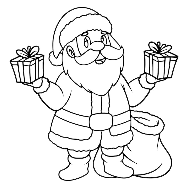 Vector santa claus with christmas present coloring page