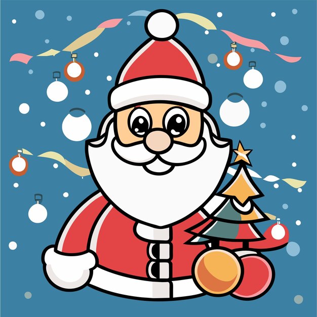 크리스마스 트리와 선물 선물 손으로 그려진 평평한 세련된 만화 스티커와 함께 산타클로스