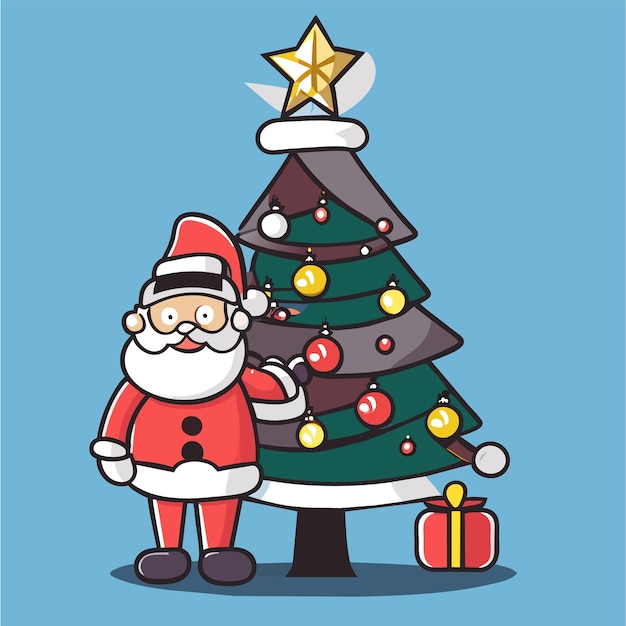 벡터 크리스마스 트리와 선물 선물 손으로 그려진 평평한 세련된 만화 스티커와 함께 산타클로스