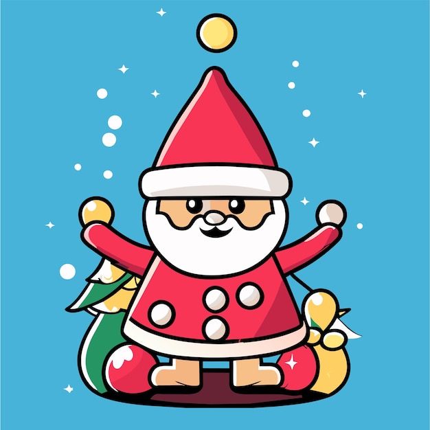 Santa claus with christmas tree and presents gift hand drawn flat stylish cartoon sticker