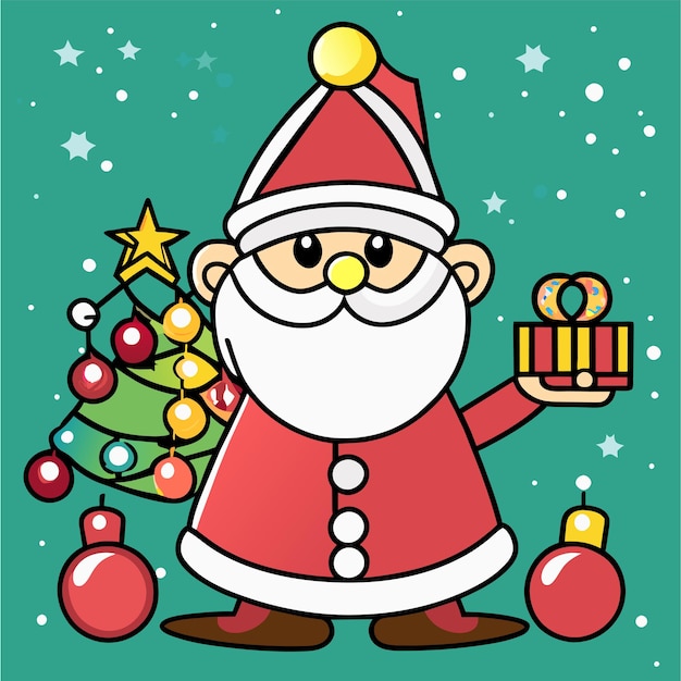 Santa claus with christmas tree and presents gift hand drawn flat stylish cartoon sticker