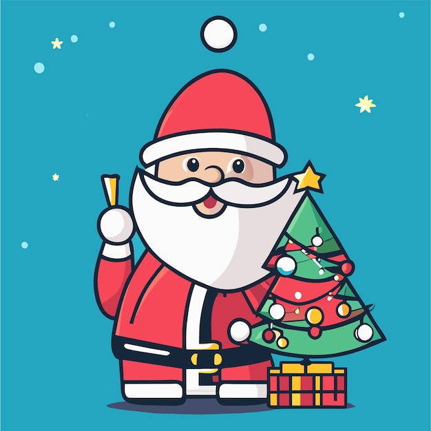 Vector santa claus with christmas tree and presents gift hand drawn flat stylish cartoon sticker