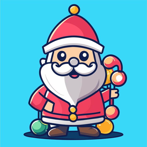 Vector santa claus with christmas tree and presents gift hand drawn flat stylish cartoon sticker