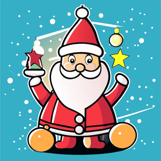 Vector santa claus with christmas tree and presents gift hand drawn flat stylish cartoon sticker