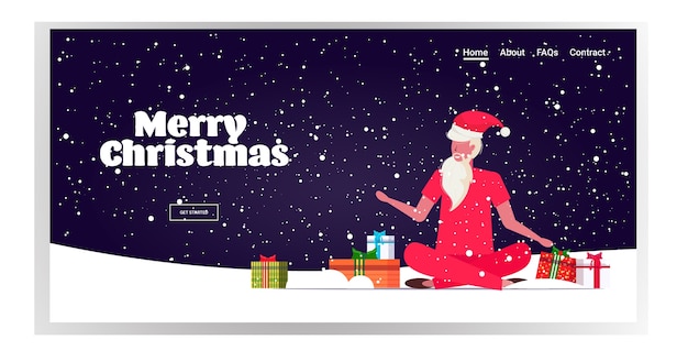 Santa claus with colorful gift boxes sitting lotus pose christmas new year winter holidays celebration concept landing page