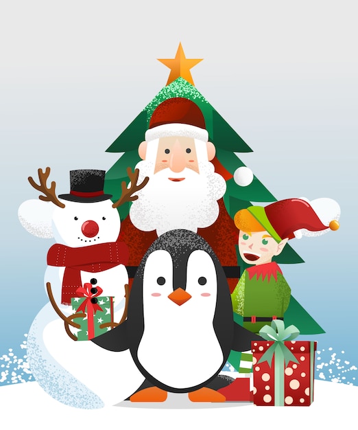 Santa Claus with cute penguin and elf and snowman