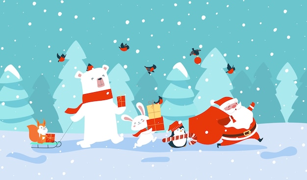 Santa claus with forest animals carrying gifts