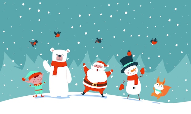 Santa claus with forest animals wave his hands