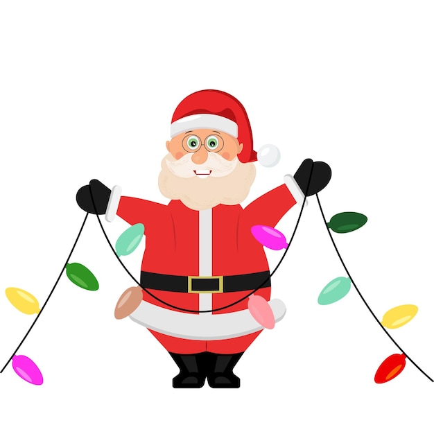 Vector santa claus with a garland of bright light bulbs