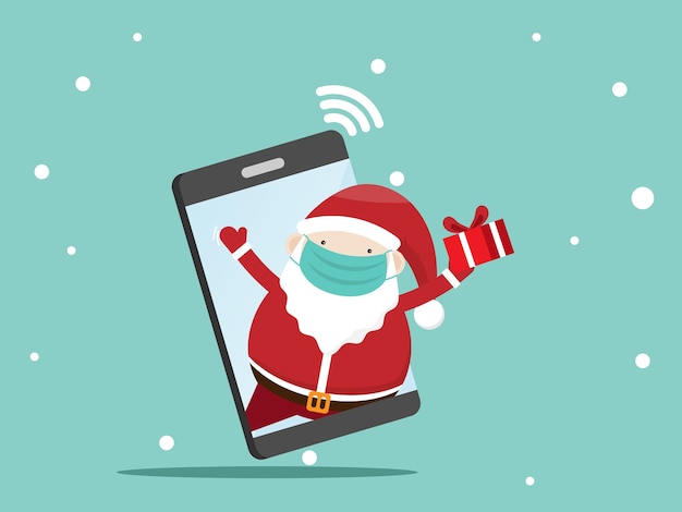 Vector santa claus with gift box on mobile