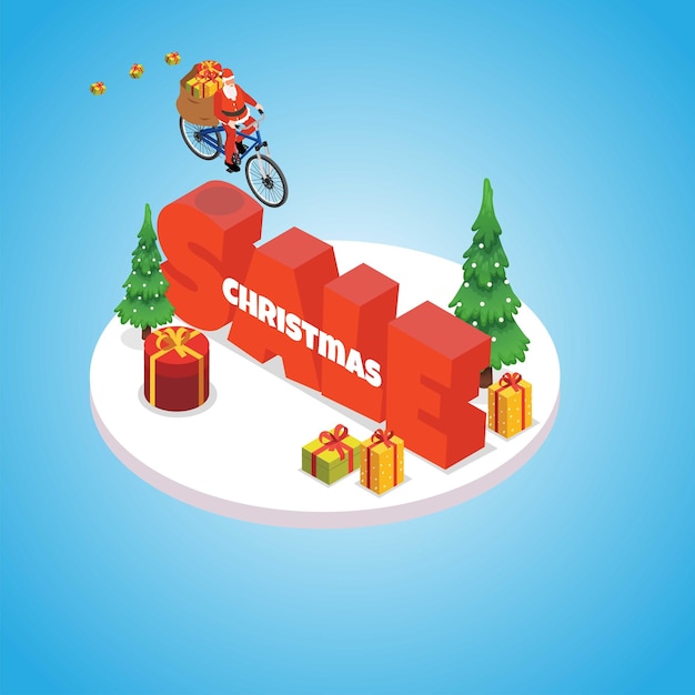 Santa claus with gift boxes riding a bike over big letters sale