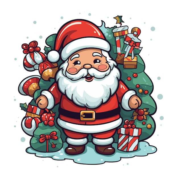 Santa Claus with gifts and candy cane outline line art doodle cartoon illustration