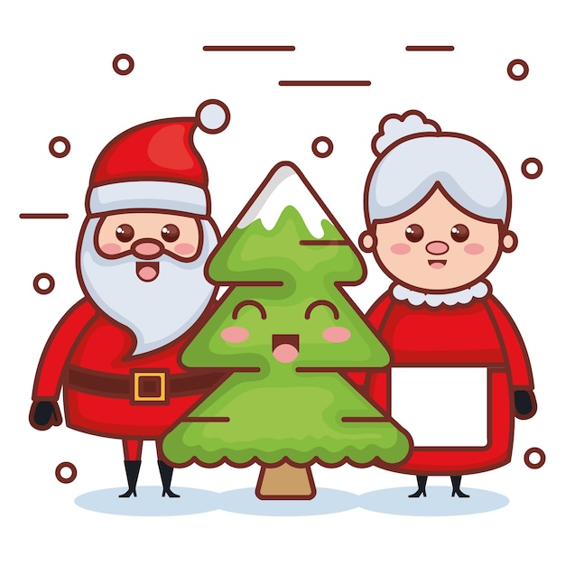 Vector santa claus with grandmother and pine characters christmas card