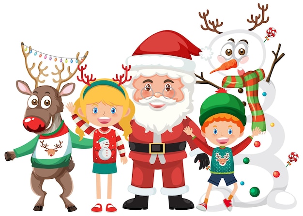 Santa Claus with happy children on white background