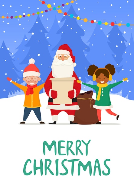 Vector santa claus with happy kids. winter fun. christmas cartoon characters. new year.