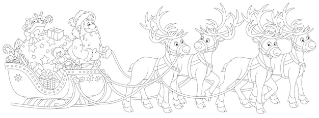 Вектор Дед мороз с мешком праздничных подарков катается на волшебных санях с летающими оленями