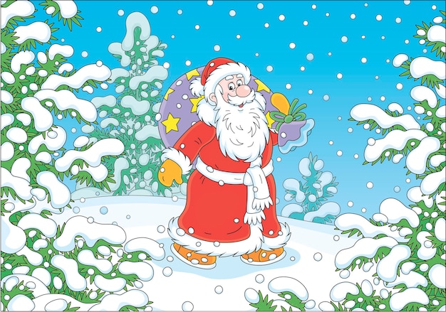 Santa Claus with his magic bag of holiday gifts walking in hurry through a snowy winter forest