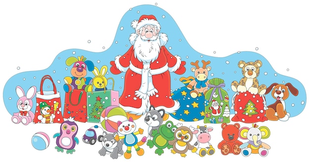 Santa Claus with his magic gift bag, colorful funny toys and wonderful presents for little kids