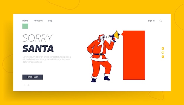 Vector santa claus with loudspeaker and mockup banner announcing christmas sale landing page template. character and speech bubble with copy space for advertising mock up. linear people vector illustration