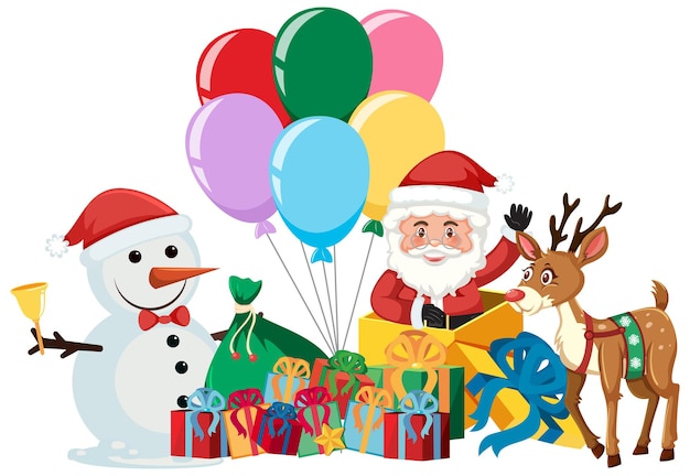 Santa Claus with many gift boxes and reindeer