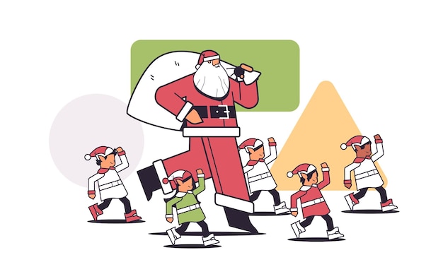 Babbo natale con elfi di razza mista in costumi felice anno nuovo buon natale vacanze celebrazione biglietto di auguri illustrazione vettoriale lineare orizzontale