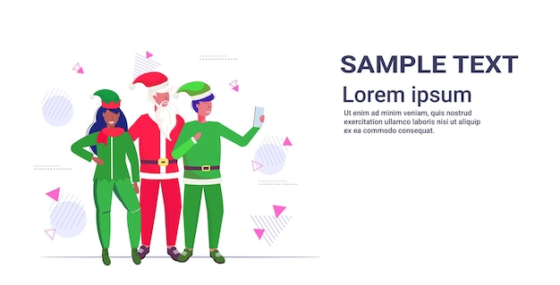 santa claus with mix race elves couple taking selfie photo on smartphone camera christmas holidays celebration concept  copy space   illustration