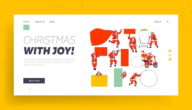 Vettore babbo natale con modello di pagina di destinazione mockup. personaggio di natale in costume festivo rosso che tiene striscioni vuoti con spazio di copia. mock up pubblicitario, congratulazioni. illustrazione vettoriale di persone lineari