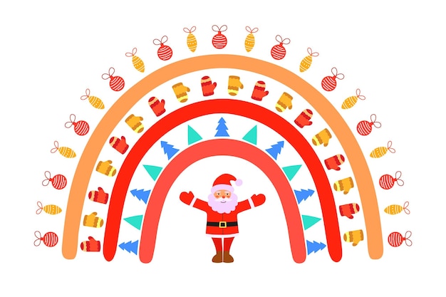 Вектор Санта-клаус с распростертыми объятиями и рождественская радуга с украшениями в канун нового года векторная графика для баннеров, открыток и поздравлений улыбающееся приветствие санты к зимнему празднику