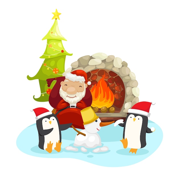 santa claus with penguins on a winter