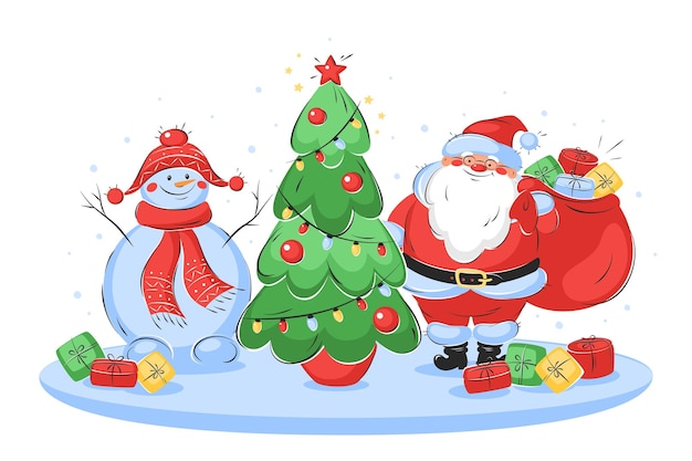 Vector santa claus with presents christmas tree and snowman