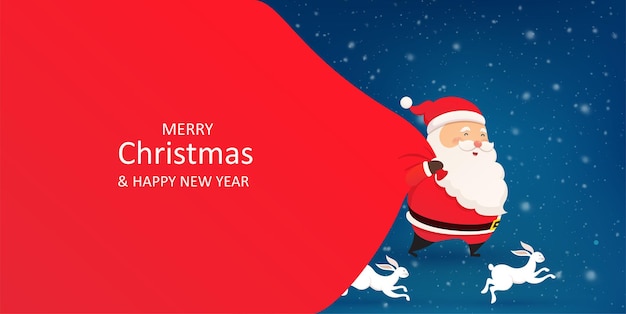 Санта-клаус с красным мешком подарков на снежно-голубом фоне и прыгающими кроликами с рождеством и новым годом кролика