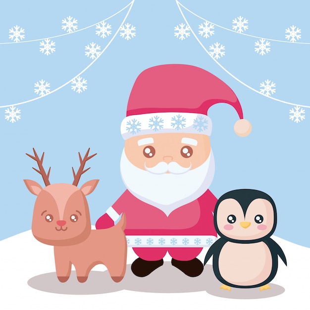 Babbo natale con renne e pinguino