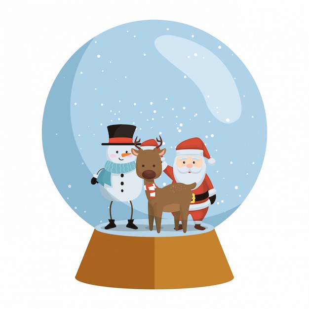 Santa claus with reindeer and snowman in snow sphere