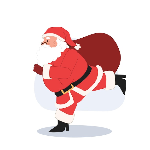 Santa claus with a sack bag of gift box is running Merry christmas Vector illustration