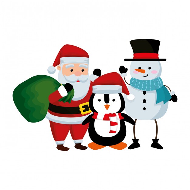 Санта-клаус с снеговиком и пингвином