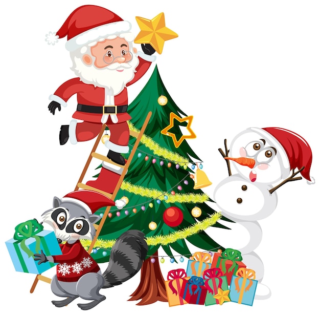 Vector santa claus with snowman and christmas tree