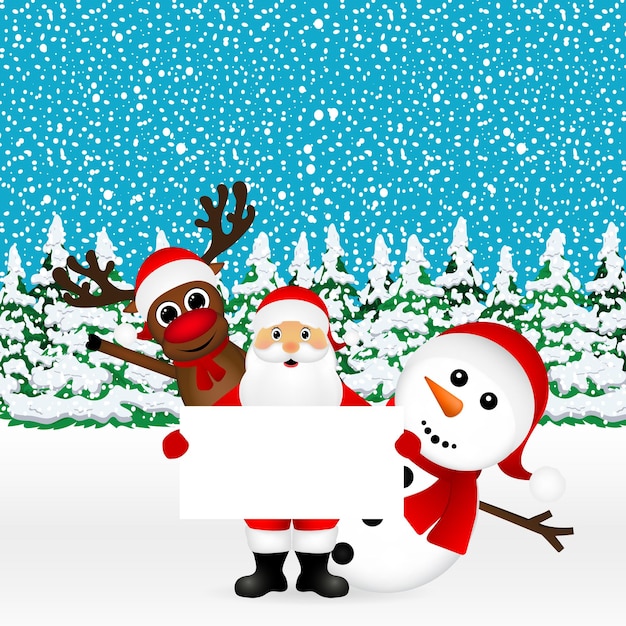 Santa Claus with snowman and reindeer peeking out from behind a large white poster in the forest