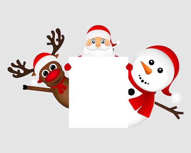 Santa Claus with snowman and reindeer peeking out from behind a large white poster vector