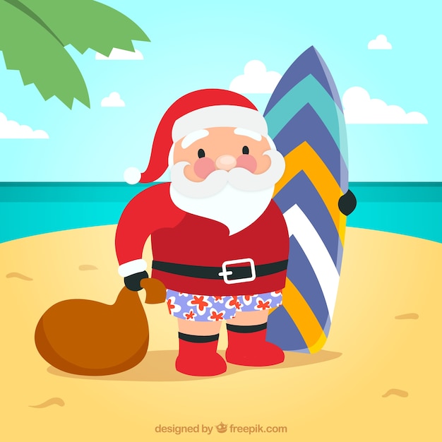 Vettore babbo natale con una tavola da surf illustrazione