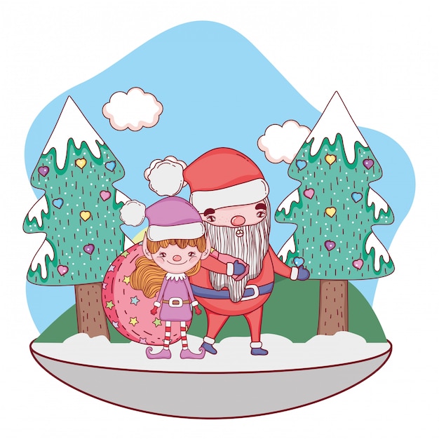santa claus with tree and helper in the snowscape