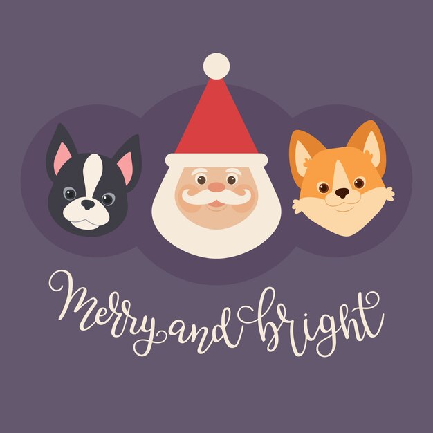 Vettore babbo natale con due cuccioli: gallese corgi e boston terrier