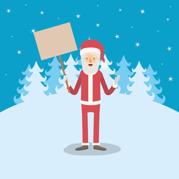 Vector santa claus with a wooden sign poster