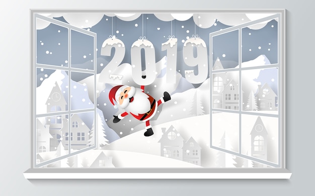 Santa Claus with word 2019 outside the window